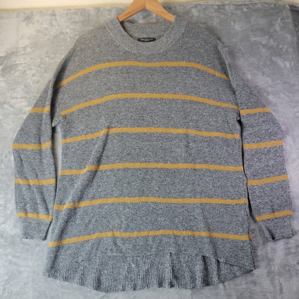 American‎ Eagle Womens S Gray Mustard Striped Sweater Oversized Minimalist